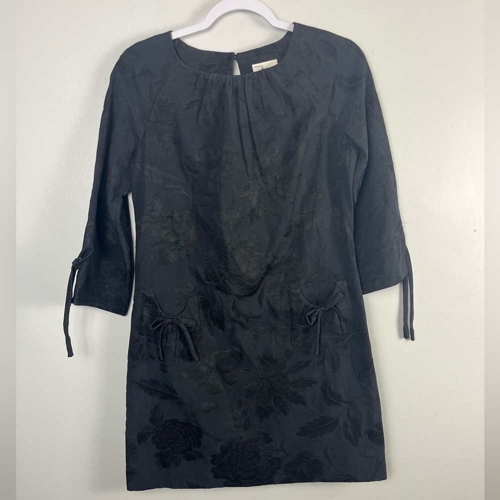Milly Dress Women's 2 Black Floral Brocade Tie Sleeve Knee Length 3/4 Sleeves